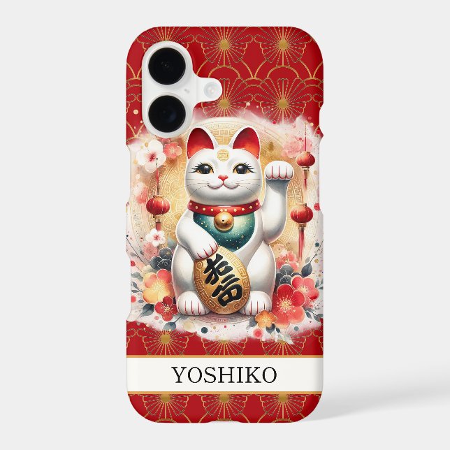 Lucky Cat With Red Flowers Monogrammed Case-Mate iPhone Case (Back)