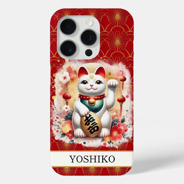 Lucky Cat With Red Flowers Monogrammed Case-Mate iPhone Case (Back)