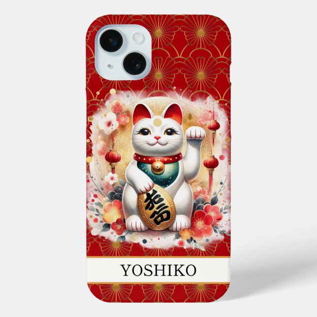 Lucky Cat With Red Flowers Monogrammed Case-Mate iPhone Case (Back)