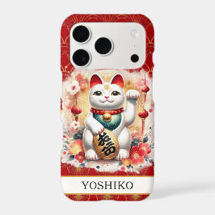 Lucky Cat With Red Flowers Monogrammed iPhone 17 Pro Case