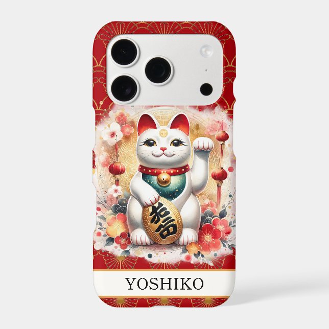 Lucky Cat With Red Flowers Monogrammed Case-Mate iPhone Case (Back)