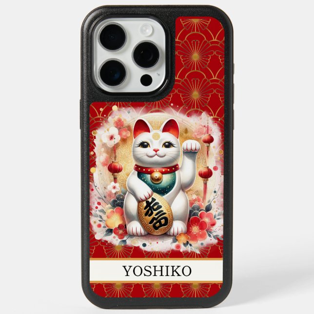 Lucky Cat With Red Flowers Monogrammed iPhone 15 Pro Max Case (Back)