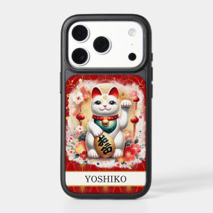 Lucky Cat With Red Flowers Monogrammed iPhone 17 Pro Case