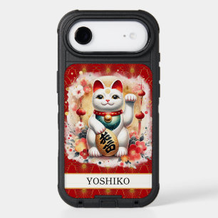 Lucky Cat With Red Flowers Monogrammed iPhone 17 Air Case