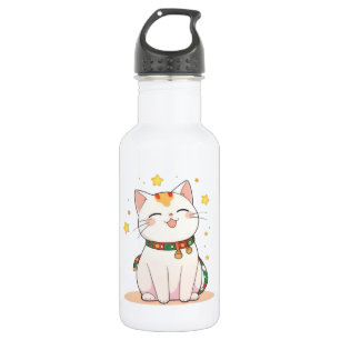 Lucky Cat with Stars Kawaii Design Stainless Steel Water Bottle