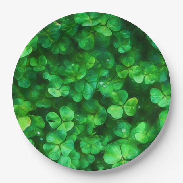 Lucky Celtic Irish Green Shamrocks Paper Plates (Front)