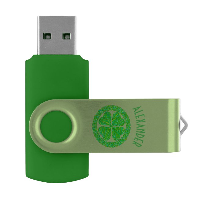 Lucky Celtic Shamrock Four Leaf Clover Green Flash Drive (Opened)