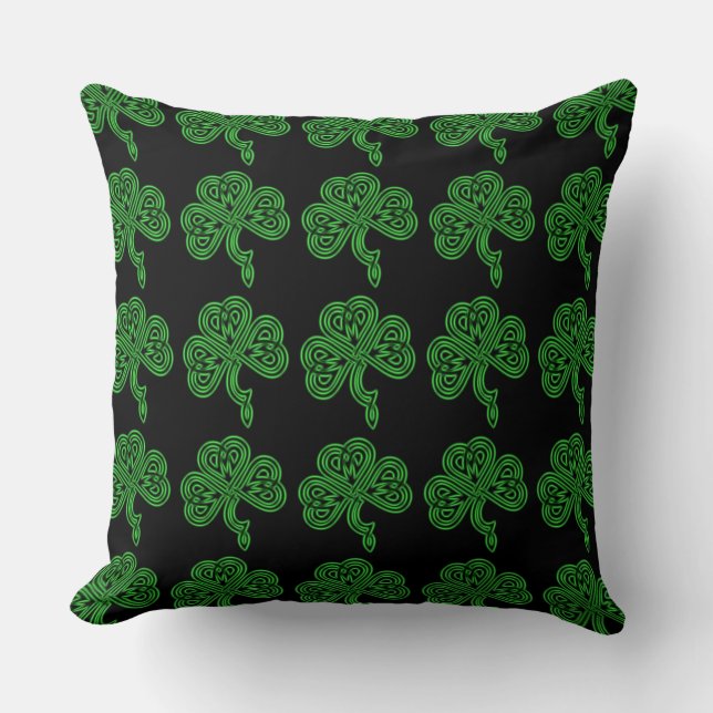 Lucky Celtic Shamrock Green & Black Throw Pillow (Front)
