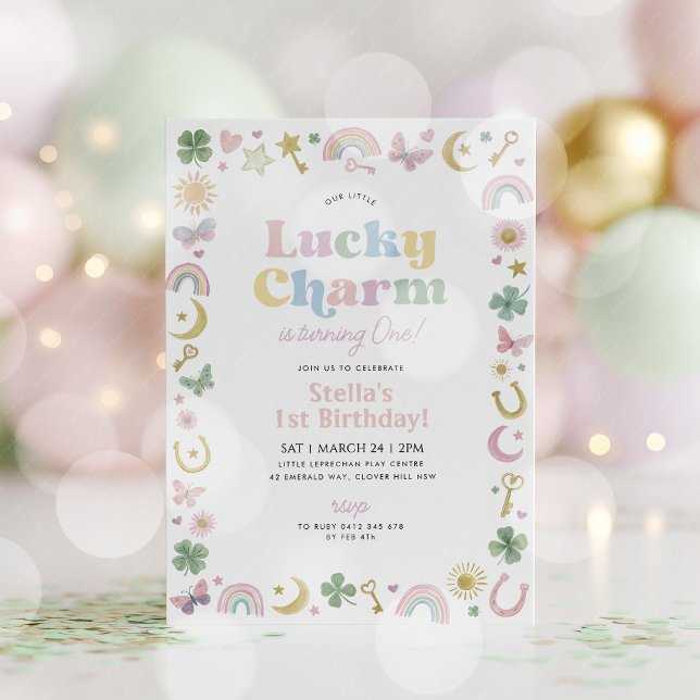 Lucky Charm 1st Birthday St Patricks Day Rainbow Invitation (Lucky Charm! St Patrick's Day 1st birthday invitation in pastel colours. )