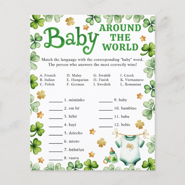 Lucky Charm Baby Around the World Shower Game (Front)