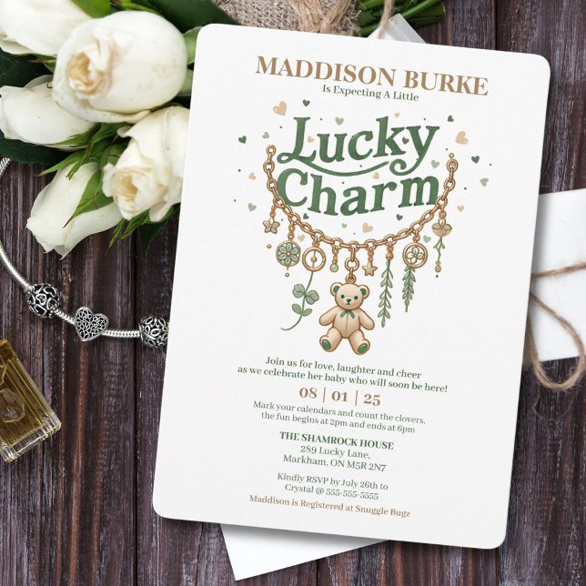 Lucky Charm Bracelet Baby Shower Invitation (Elegant baby shower invite featuring a gold charm bracelet and teddy bear.)