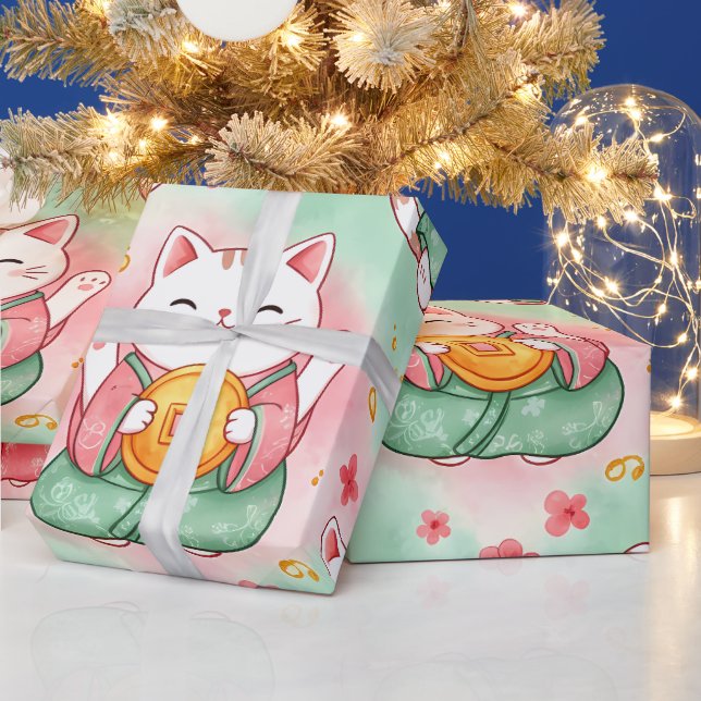 Lucky Charm Cats – Prosperity in Pastel Pattern Wrapping Paper (Holidays)