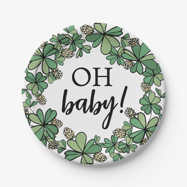 Lucky Charm Clover Oh Baby Neutral Baby Shower Paper Plates (Front)