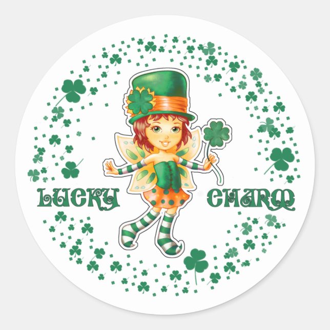 Lucky Charm. Fairy Irish Girl St.Patrick's Day Classic Round Sticker (Front)