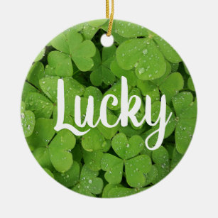 Lucky charm green natural  clover circle ornament. ceramic ornament