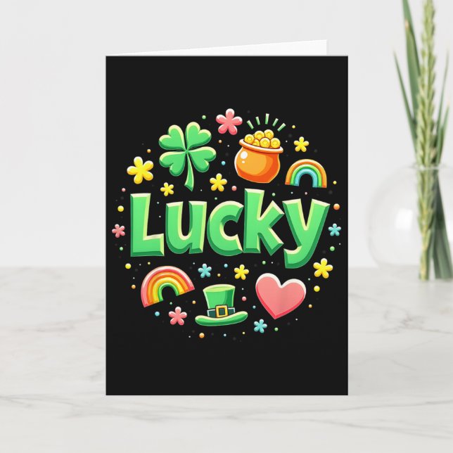 Lucky Charm Patricks Day Pot Of Gold Irish Shamroc Card (Front)