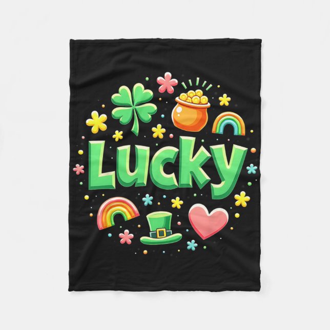 Lucky Charm Patricks Day Pot Of Gold Irish Shamroc Fleece Blanket (Front)