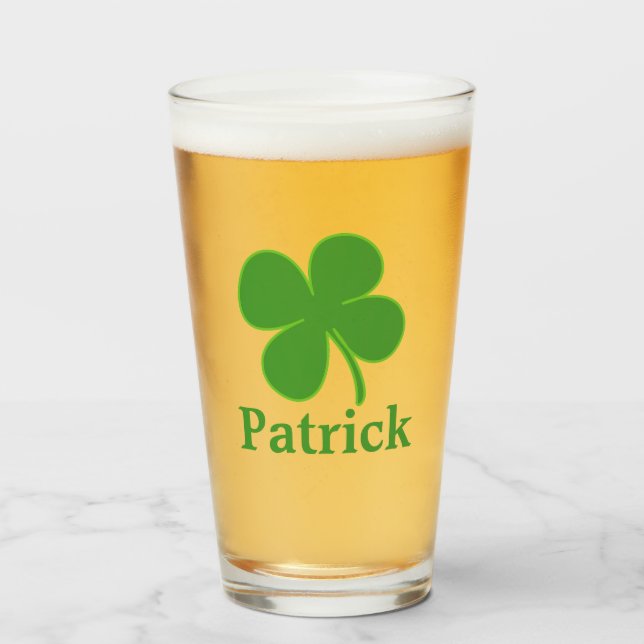 Lucky Charm: Personalized Green Shamrock Pint  Glass (Front Filled)