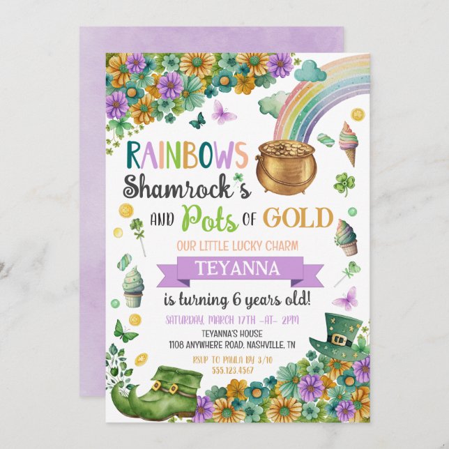 Lucky Charm Pot of Gold Rainbow Sunflower Birthday Invitation (Front/Back)