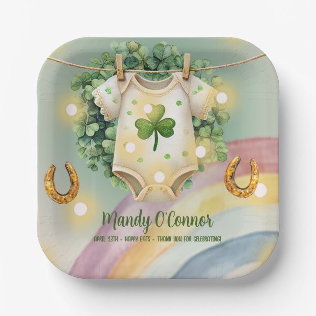 Lucky Charm Shamrock and Rainbow Baby Shower Paper Plates (Front)