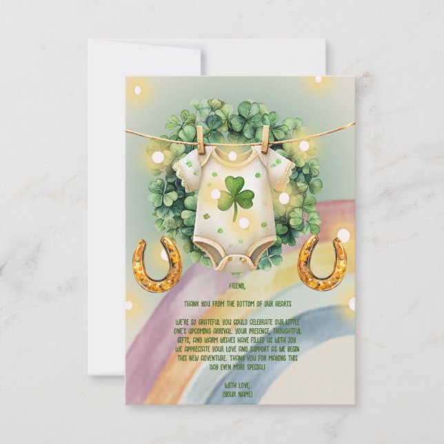 Lucky Charm Shamrock and Rainbow Baby Shower Thank You Card (Front)