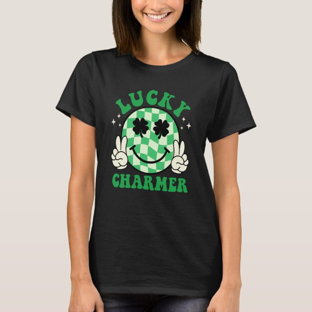 Lucky Charmer Shamrock Groovy St Patrick's Day Iri T-Shirt (Front)