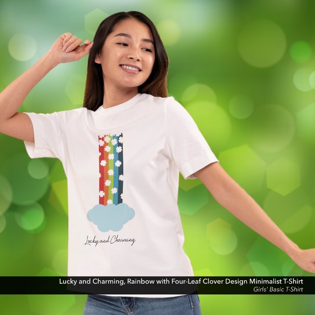 Lucky & Charming Rainbow 4-Leaf Clover Minimalist T-Shirt (Lucky & Charming T-Shirt with Rainbow and Four-Leaf Clover Minimalist Design.)