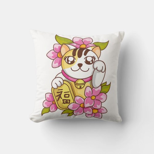 Lucky Chinese Cat Waving Arm Shirt Japanese Good l Throw Pillow