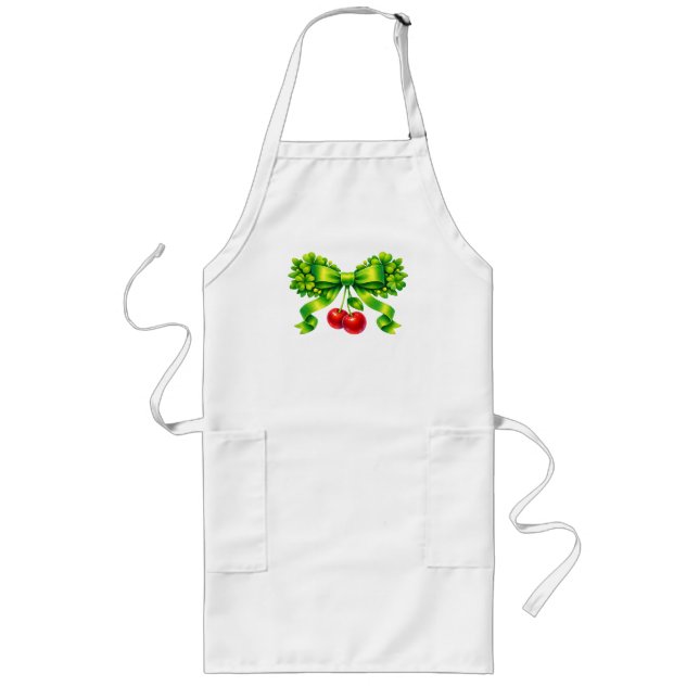 Lucky Clover Bow with Cherries Green Design Long Apron (Front)