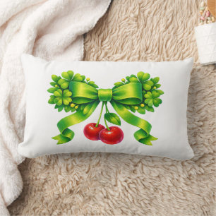 Lucky Clover Bow with Cherries Green Design Lumbar Pillow
