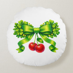 Lucky Clover Bow with Cherries Green Design Round Pillow