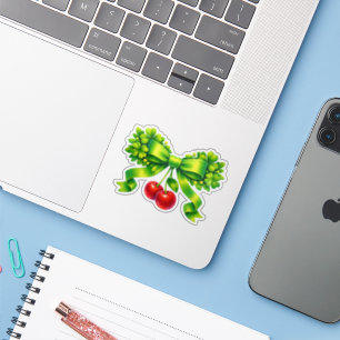 Lucky Clover Bow with Cherries Green Design Sticker