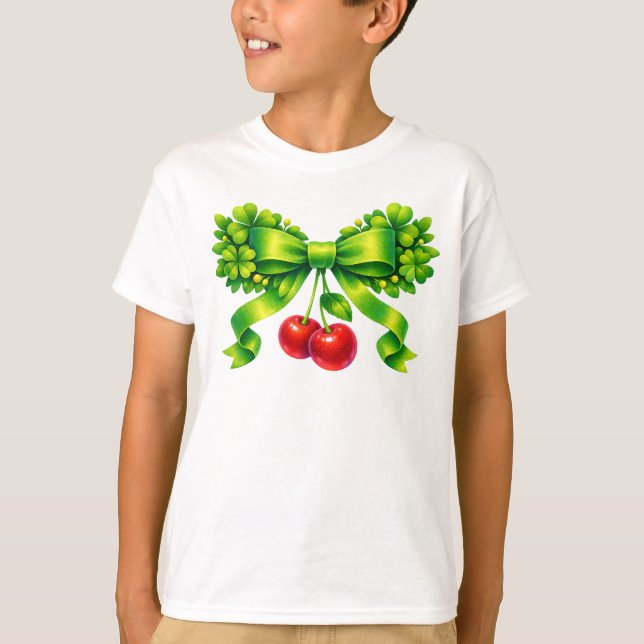 Lucky Clover Bow with Cherries Green Design T-Shirt (Front)