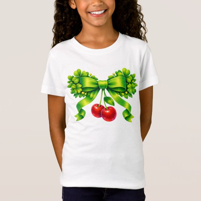 Lucky Clover Bow with Cherries Green Design T-Shirt (Front)