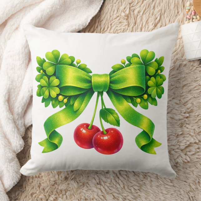 Lucky Clover Bow with Cherries Green Design Throw Pillow (Blanket)