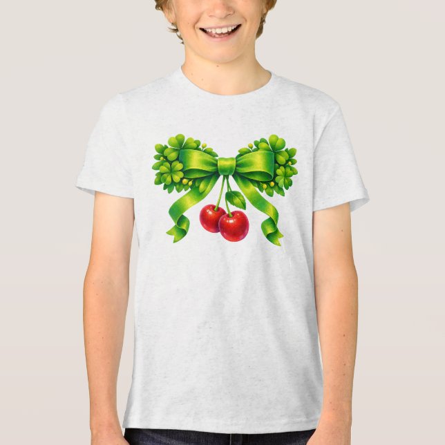 Lucky Clover Bow with Cherries Green Design Tri-Blend Shirt (Front)