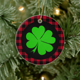 Lucky Clover charm, Shamrock, red buffalo plaid Ceramic Ornament
