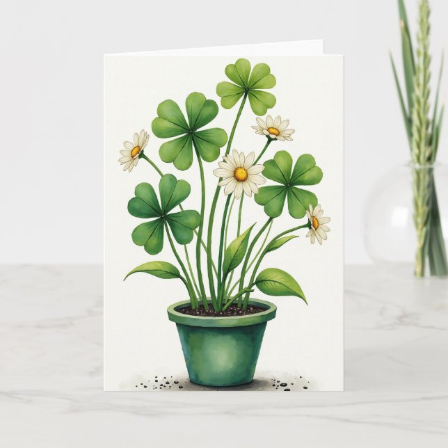 Lucky Clover Daisy Watercolor Card (Front)