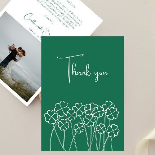 Lucky Clover Emerald Green Chic Photo Wedding Thank You Card