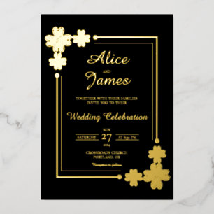 Lucky Clover Frame Elegant Black Gold Foil Wedding Invitation