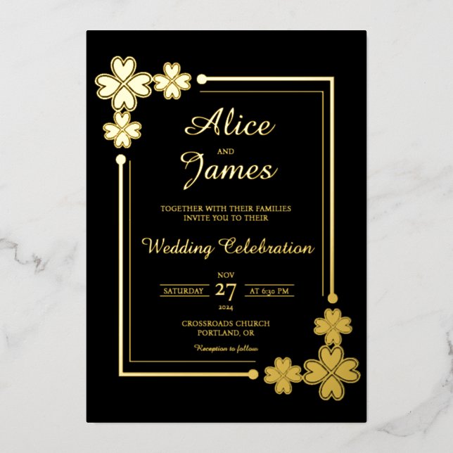 Lucky Clover Frame Elegant Black Gold Foil Wedding Invitation (Front)