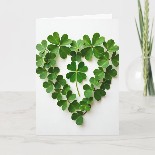 Lucky Clover Heart Green Leaves Card (Front)