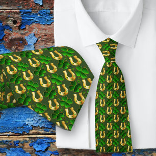 Lucky Clover Horseshoes Patterned Green Neck Tie