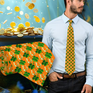 Lucky Clover Horseshoes Patterned Orange Neck Tie