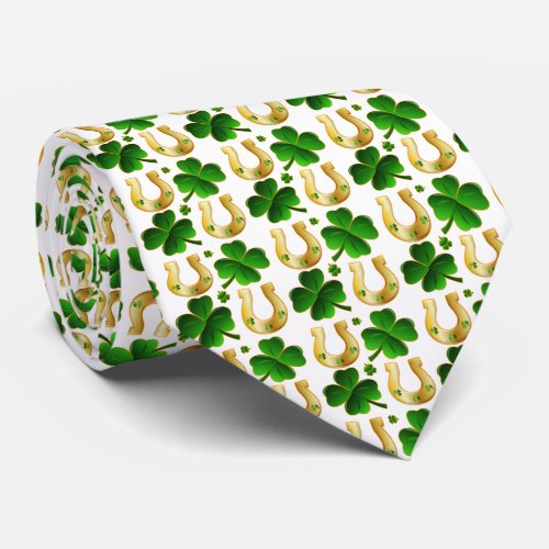 Lucky Clover Horseshoes Patterned White Neck Tie