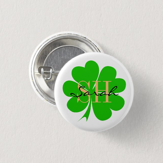 Lucky Clover leaf monogrammed & Shamrock / Irish Button (Front & Back)