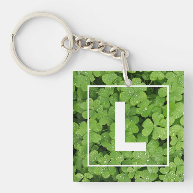 Lucky clover monogram, green meadow shamrock keychain (Front)