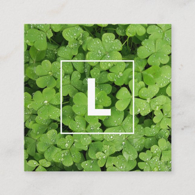 Lucky clover monogram, green medow square business card (Front)