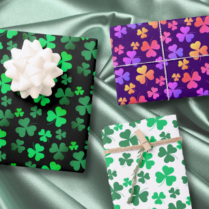 Lucky Clover Shamrock Green Black Purple Colorful Wrapping Paper Sheets