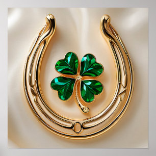 Lucky clover with Gold Horseshoe Poster